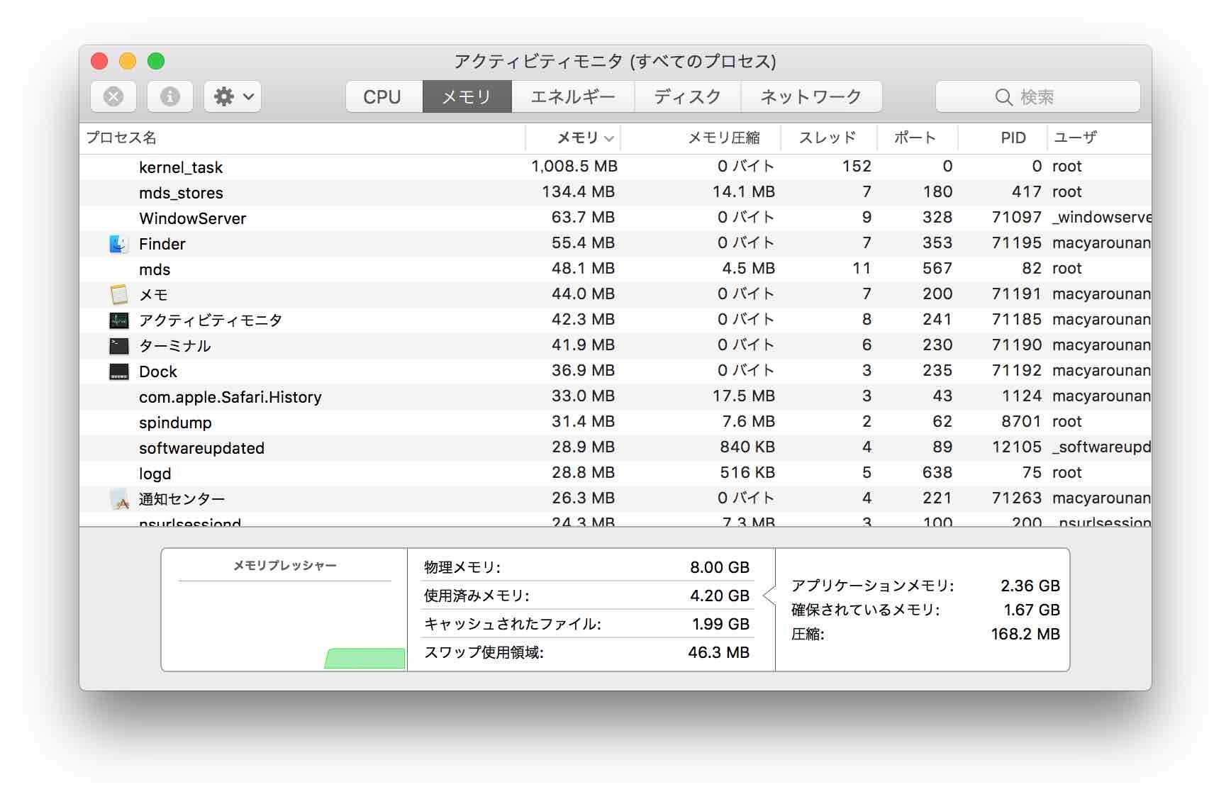 メモリ使用量が多いプロセスを見つけることができます