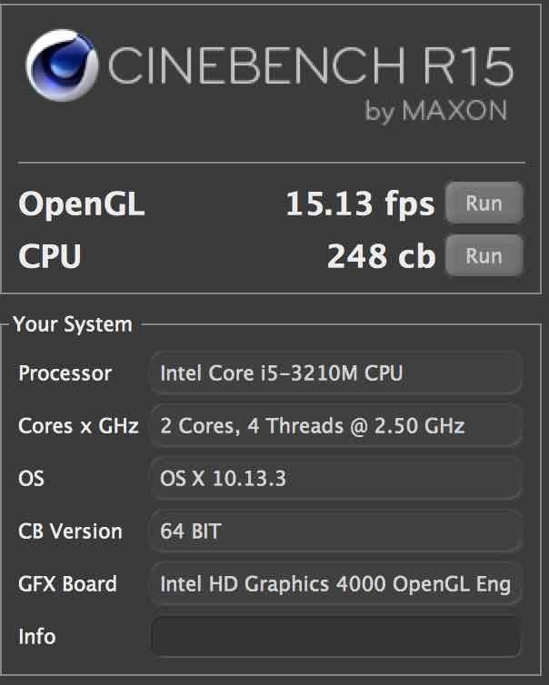 CINEBENCH R15 Late2012の実行結果 OpenGL 15.13fps、CPU 248 cbという結果が画像でわかる