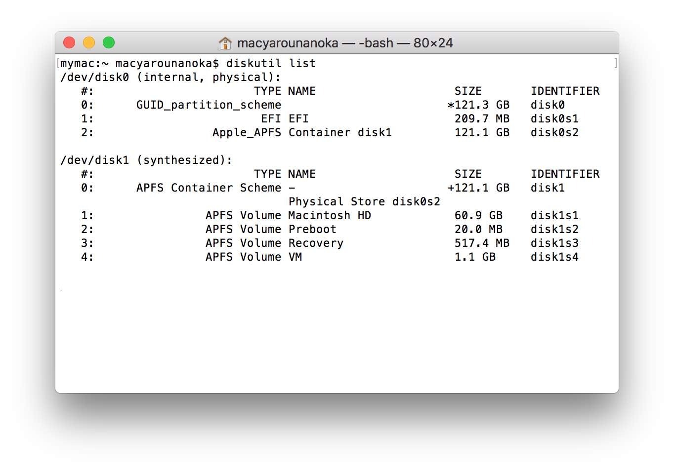 Microsoft Basic Data Partitionがなくなっていることが確認できます。disk0はAPFSで占有されています。