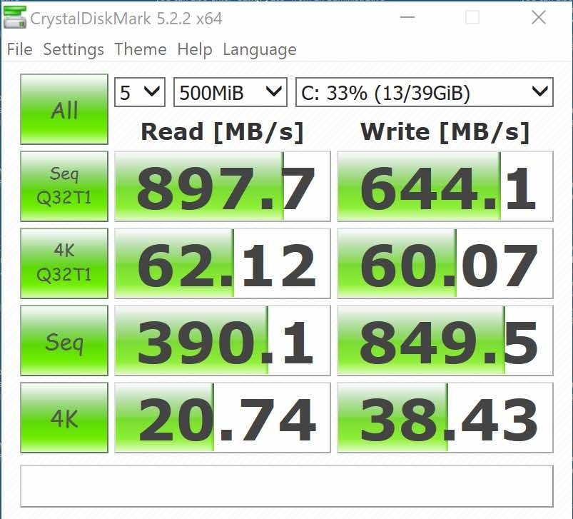 Parallels Desktop13のWindows10で動作させたCrystalDiskMark 5.2.2 x64の500MiB結果