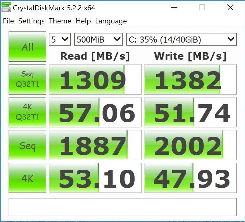 VMware Fusion10のWindows10で動作させたCrystalDiskMark 5.2.2 x64の500MiB結果