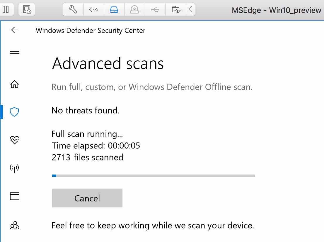 Windows Defenderのフルスキャンを実行開始した直後のイメージ