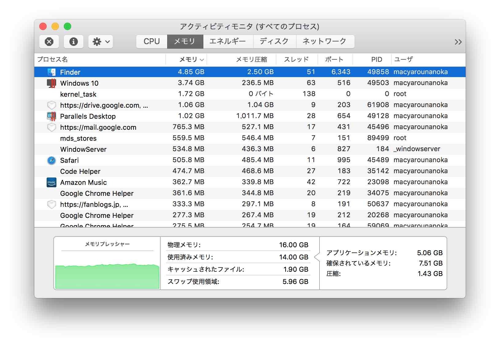 20枚のウィンドウを開くとメモリ消費が激しいことがわかる。アクティビティモニタでは4.85GBのメモリを消費していることが確認できている