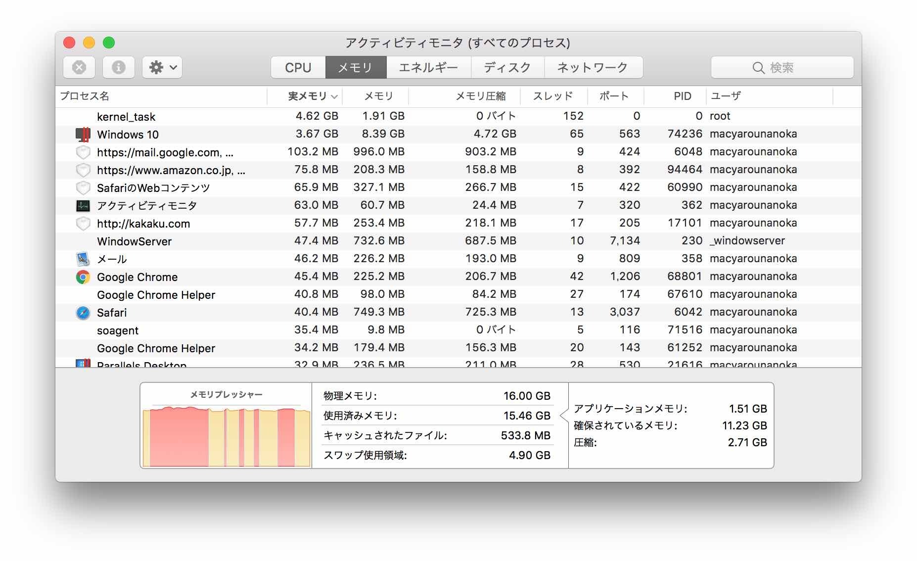 mac上のParallelsで８GBのメモリを割り当てたwindows10Proでdefender application guardを使っていますが、メモリがかなり厳しいことがわかる