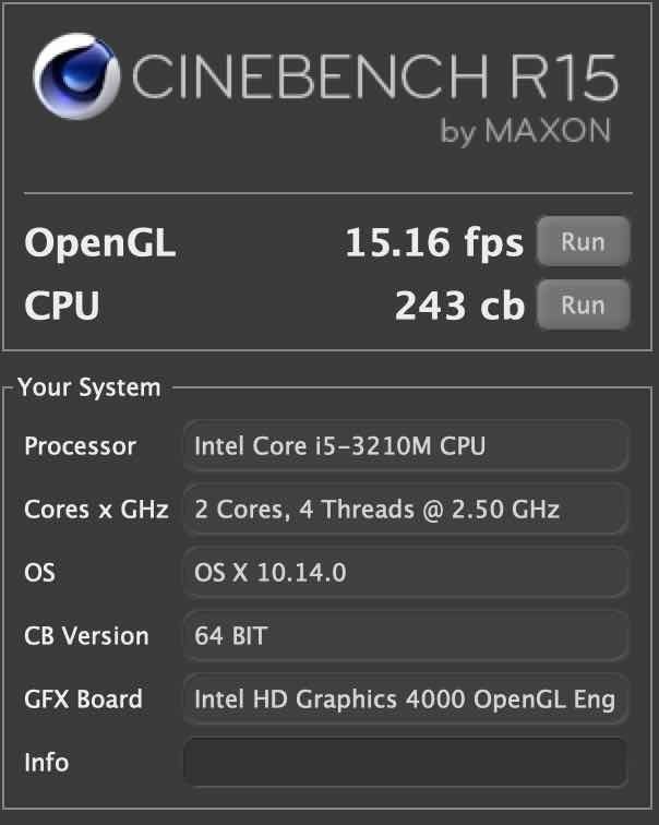 CINEBENCH R15 Late2012 Mojaveの実行結果 OpenGL 15.16fps、CPU 243 cbという結果とCPU詳細がわかる