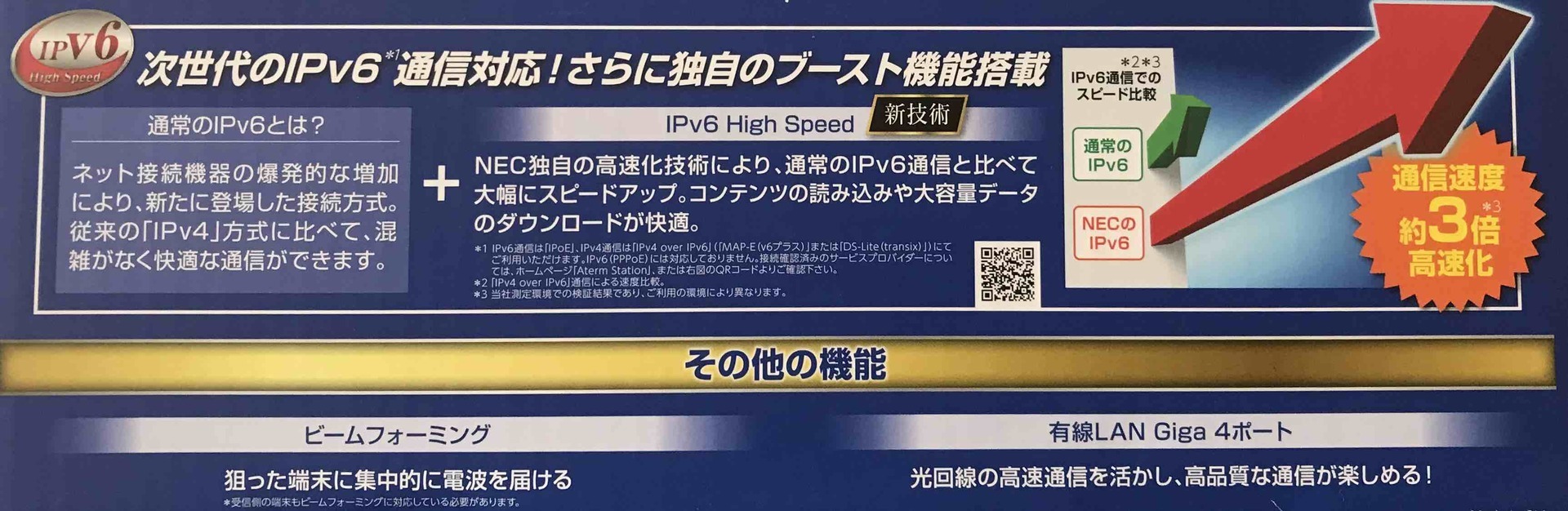 WG2600HP3のパッケージ裏側の下部のセールスポイントです。IPv6ブースト機能（通信速度が３倍）。この後は小さくビームフォーミング、有線LAN Giga4ポートがあります。