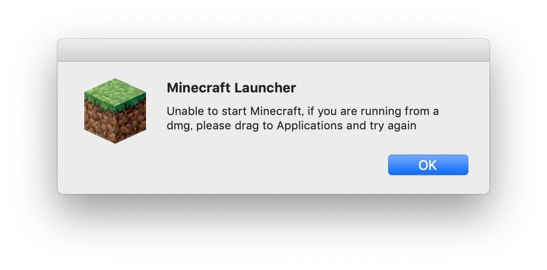 Minecraftをペアレンタルコントロール下のユーザーで起動。Minecraft Launcher自体は起動するが、Unable to start Minecraft, if you are running from a dmg, please drag to Applications and try againエラーで失敗していることがわかる