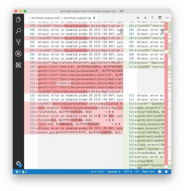 macOS Mojave上でVisual Studo Codeを立ち上げ、標準の比較機能を使ってターミナルのログを比較していることがわかる