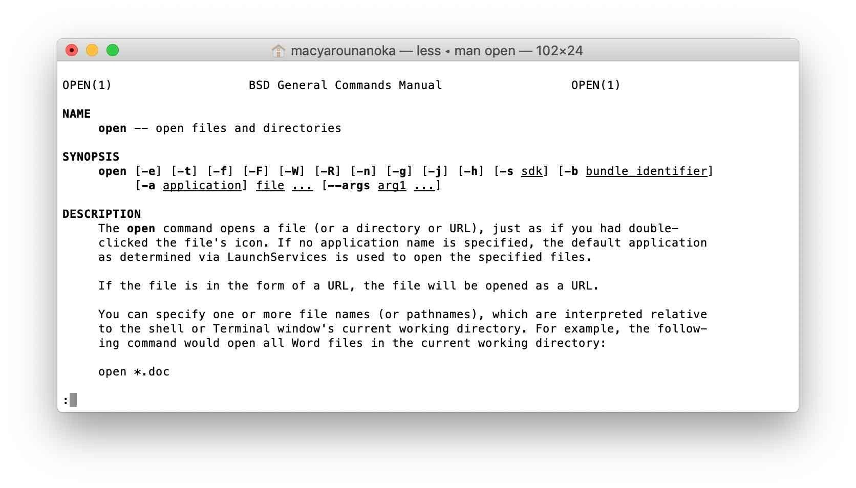 macOSのターミナルでman openを表示しているスクリーンショット