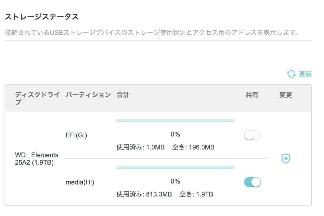 archer ax80 ストレージステータス WD Elements Portableのパーティションが認識されました。